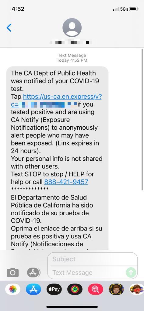 My sister received a text with a cryptic short URL and mention of test results