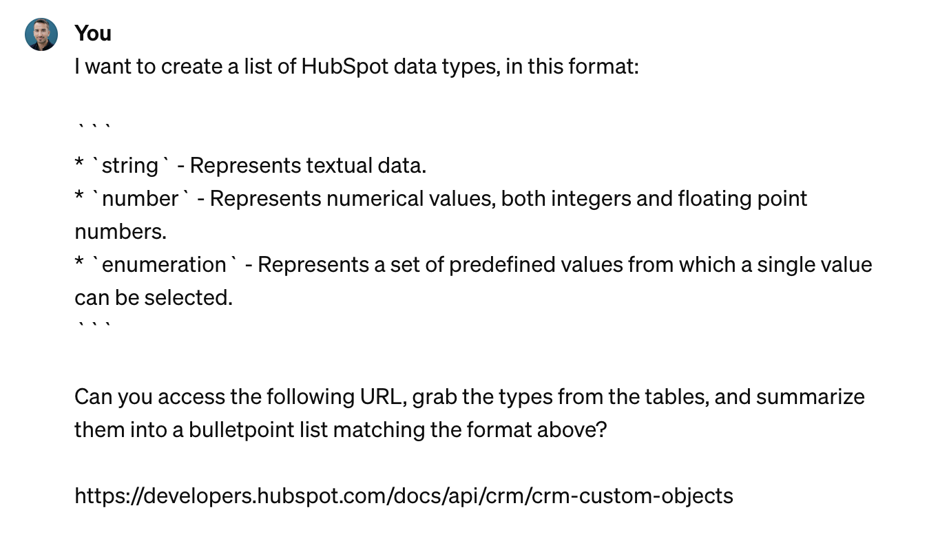 Me asking ChatGPT to summarize specific content on HubSpot into a Markdown format