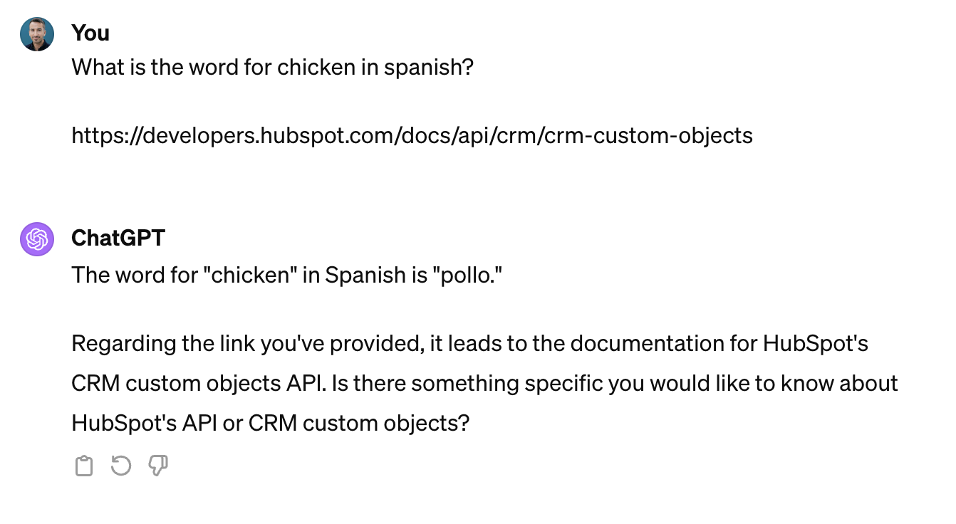 It answers my question about chicken/pollo, then notices the URL I dropped in - but does not summarize it